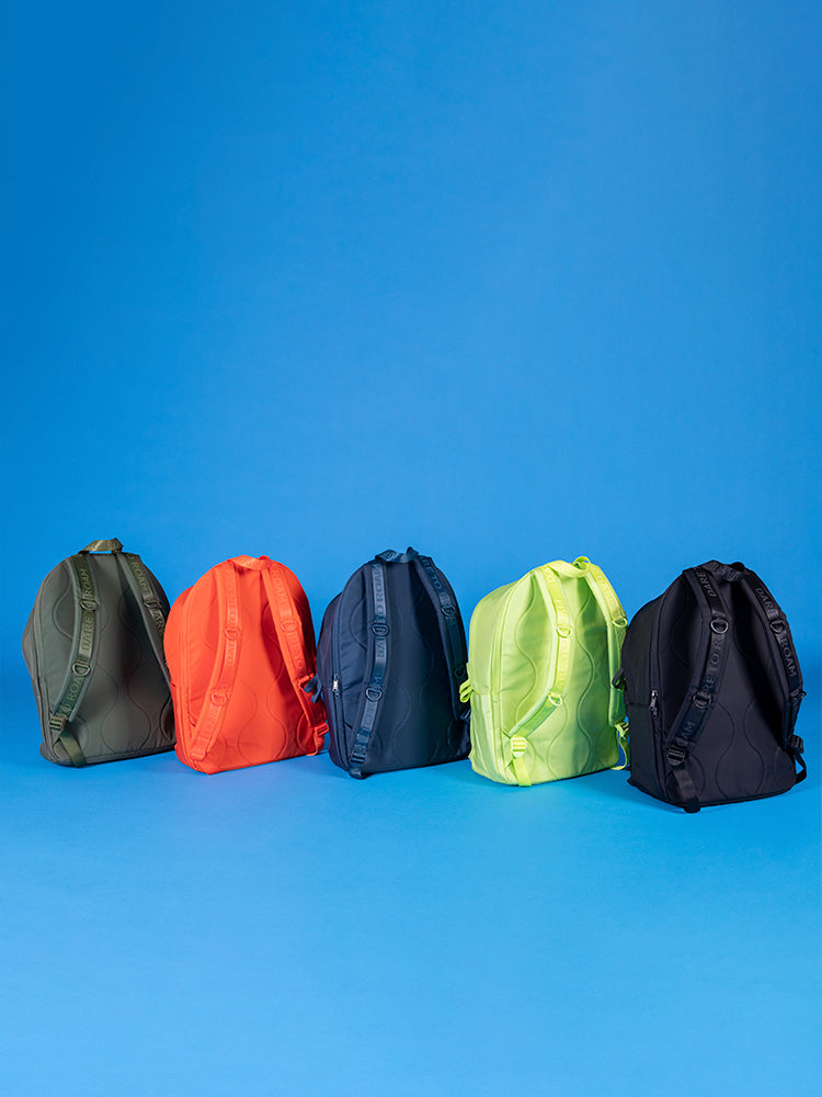 five prodigy backpacks lined up in militia, tango, midnight, halogen, and vulcan colors